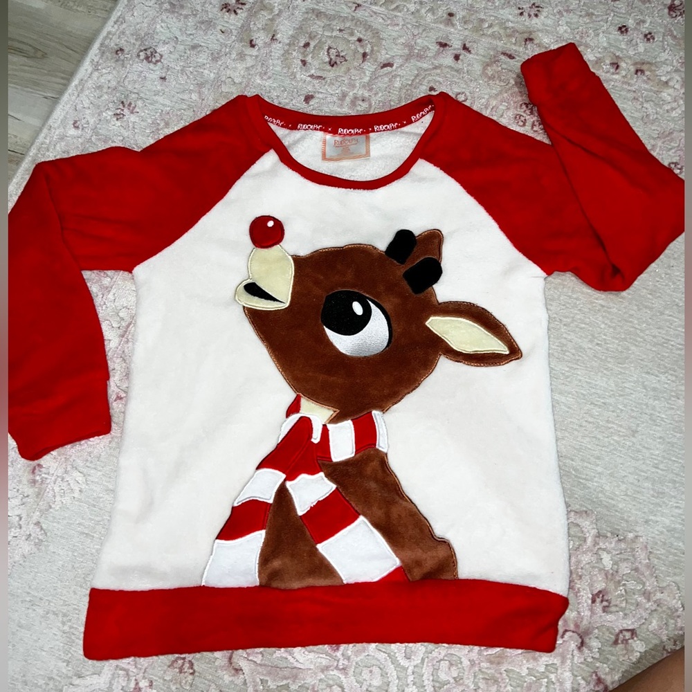 Rudolph the red nosed reindeer Christmas kids red and cream fuzzy comfy sweater